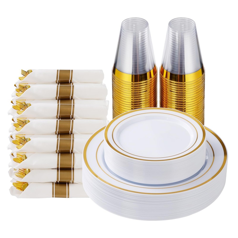 Goodluck 175 Piece Gold Plastic Dinnerware Set for 25 Guests, Fancy Disposabl…