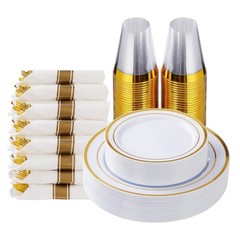 Goodluck 175 Piece Gold Plastic Dinnerware Set for 25 Guests, Fancy Disposabl…