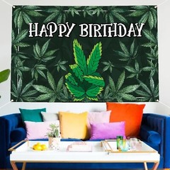Happy Birthday Backdrop Banner Cool Green Plant Leaves Flag Favors Wall Hangi…
