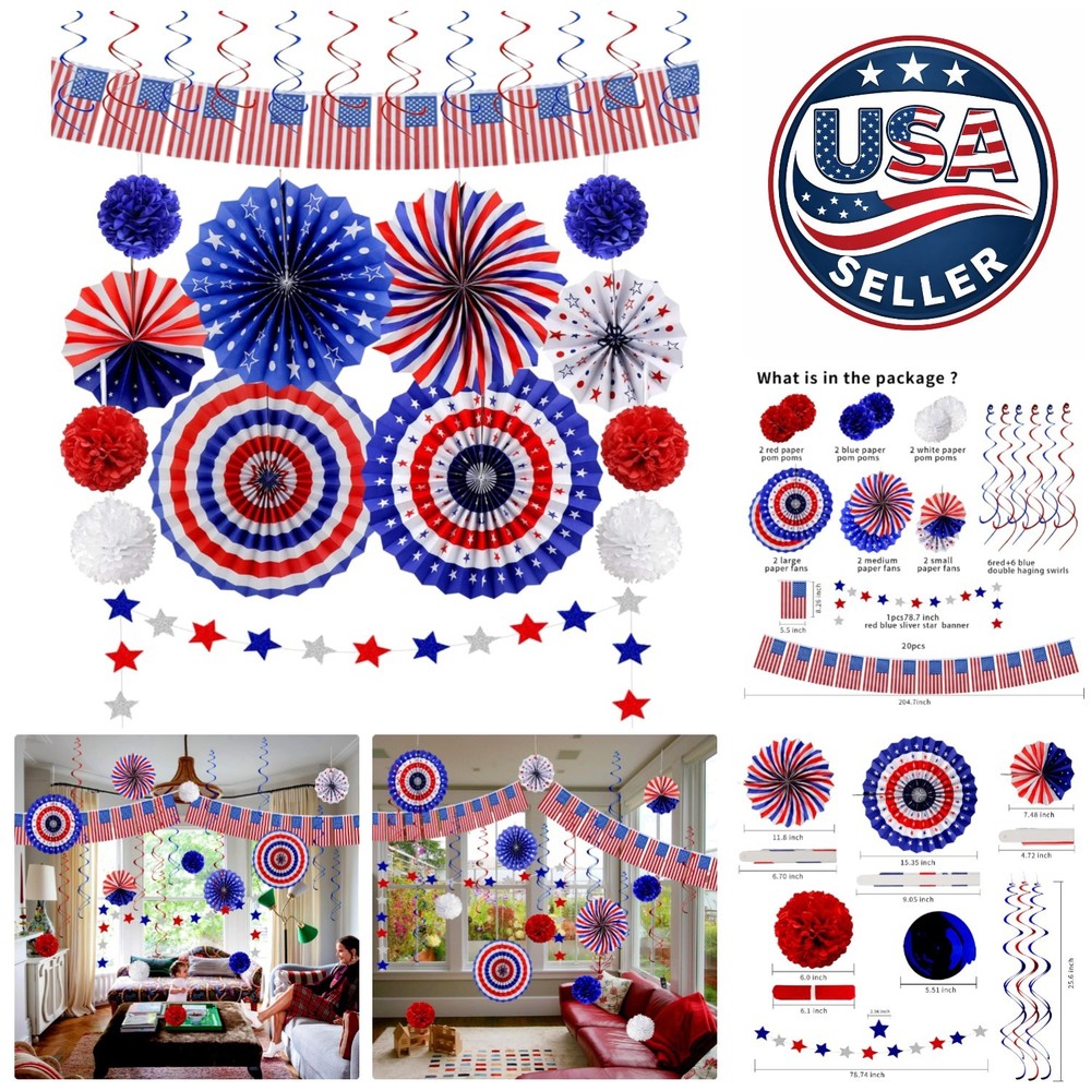 Charming 26Pcs Patriotic Party Decor – Banners, Fans & Pom Poms for Any Occasion