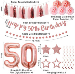 13Pcs 50Th Birthday Decorations for Girls, Pink Rose Gold Happy 50Th Birthday Ba
