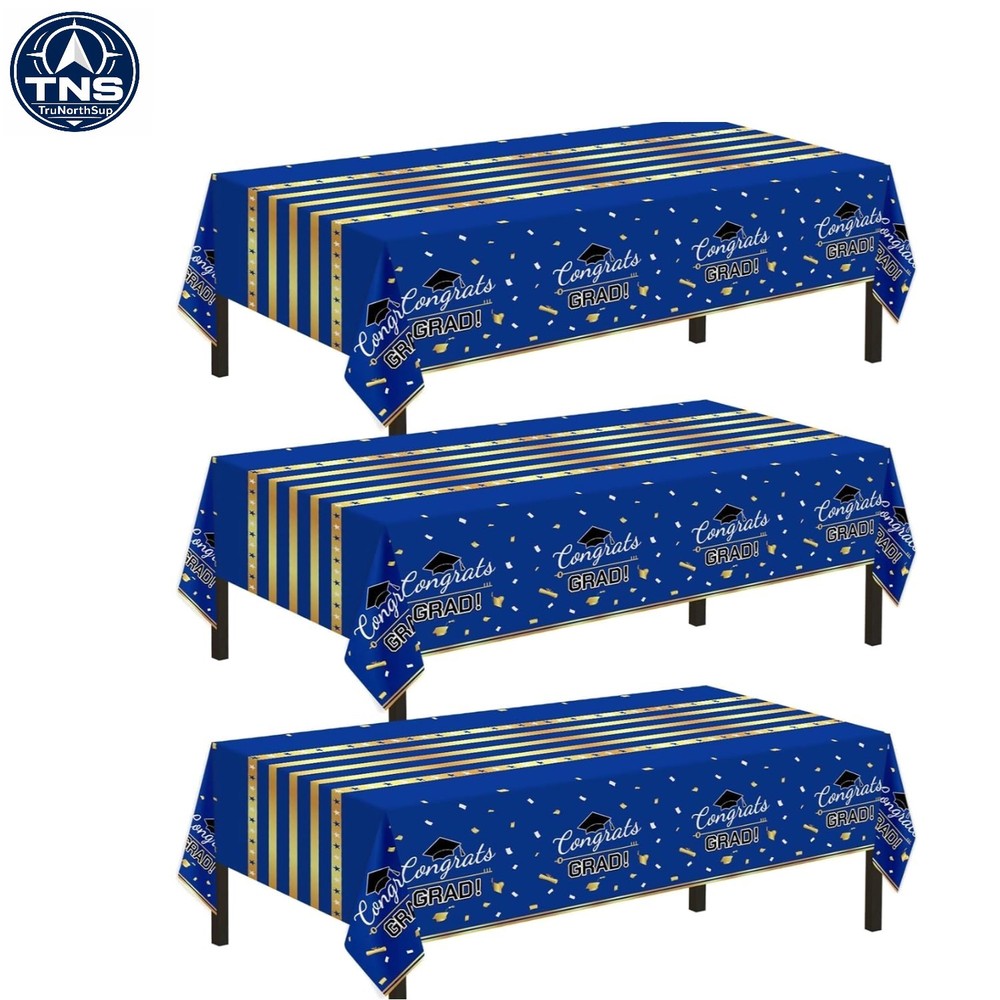 Graduation Tablecloth 54×108 inch 3 Pack Blue and Gold Disposable Rectangle P…
