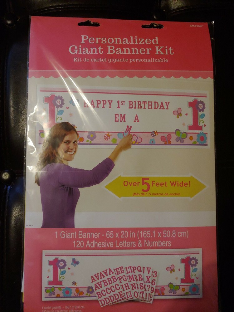 Personalized Giant Banner Kit – PINK 1ST BIRTHDAY – Over 5 ft wide – NEW