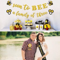 Bumble Bee Baby Shower Decoration Set, Soon to Bee A Family of Three Banner M…