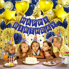 Birthday Party Decorations for Men, Navy Blue Gold Happy Birthday Banner Pomp…