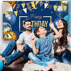 Happy Birthday Decorations Banner Large Navy Blue and Gold Balloons Backdrop