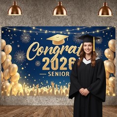 Blue Gold Graduation Banner Decorations Navy Blue Congrats 2026 Graduation Pa…