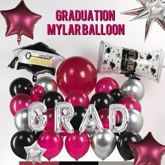 130 Pcs Maroon Black Silver Balloon Arch Kit with GRAD Letters & Graduation C…