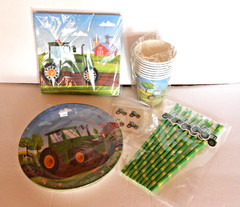 Farm Tractor Party -Plates, Cups, Napkins, Stickers, Straws for 8
