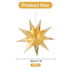 5 Pcs Paper Star Lanterns 9-Pointed Hanging Lampshade, Gold
