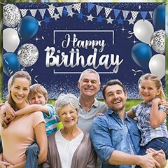 Blue Silver Happy Birthday Decorations Banner Backdrop for Men Women Boys Girls