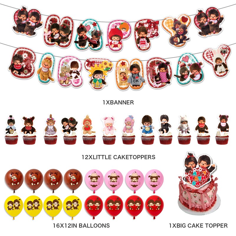 Anime Monchhichi Happy Birthday Banner Balloon Cupcake Topper Party Decoration