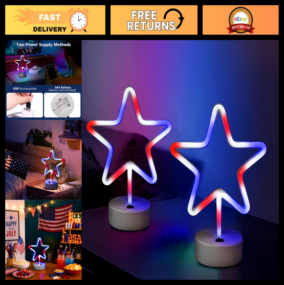 2 Pack Patriotic LED Neon Star Lights – Battery/USB Powered Red White Blue Decor