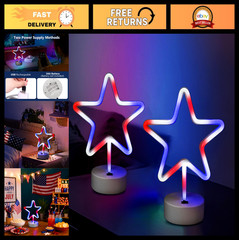 2 Pack Patriotic LED Neon Star Lights – Battery/USB Powered Red White Blue Decor