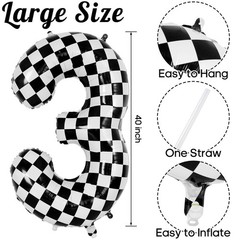 Checkered Number 3 Balloon 40 Inch, Large Foil Black and White Number Balloon…