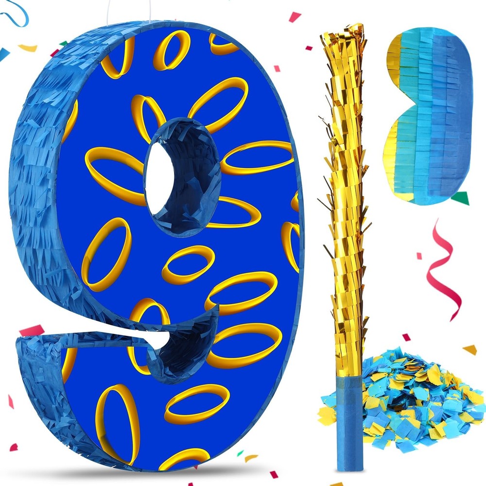 Blue & Gold Number 9 Piñata for Birthday Party – 16.5×11.4×3 in, Includes Blindf