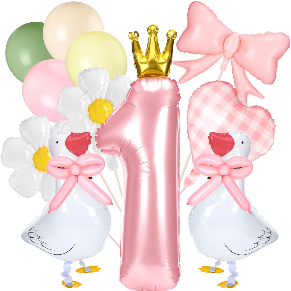 12 Pcs Silly Goose 1st Party Decoration Fun Goose Balloon with Pink Bow for S…