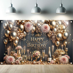 Luxury Happy Birthday Backdrop Black Gold Party Decoration Elegant Balloon Champ