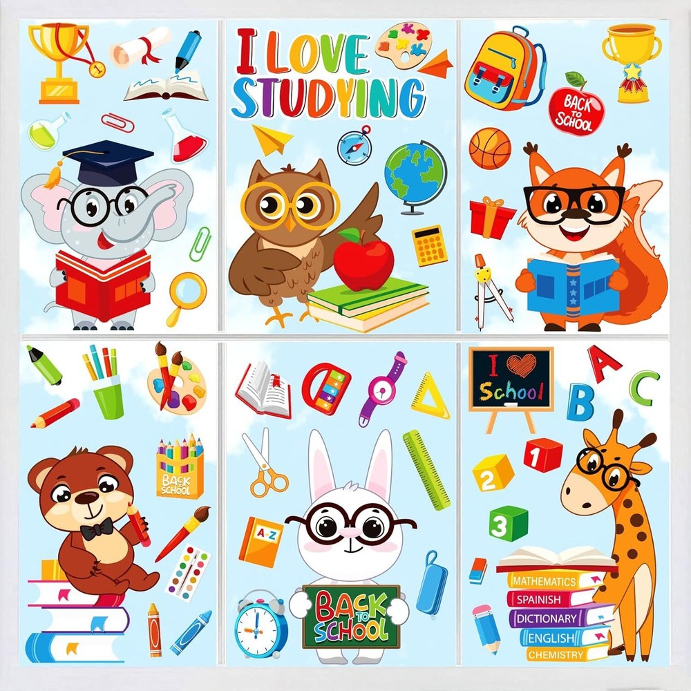 Whaline 9 Sheets Back to School Window Clings Cute Animals Stickers…