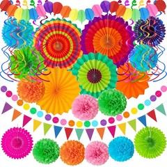 Fiesta Decorations Cinco De Mayo Decorations Multi-Color Paper Fans Garlands