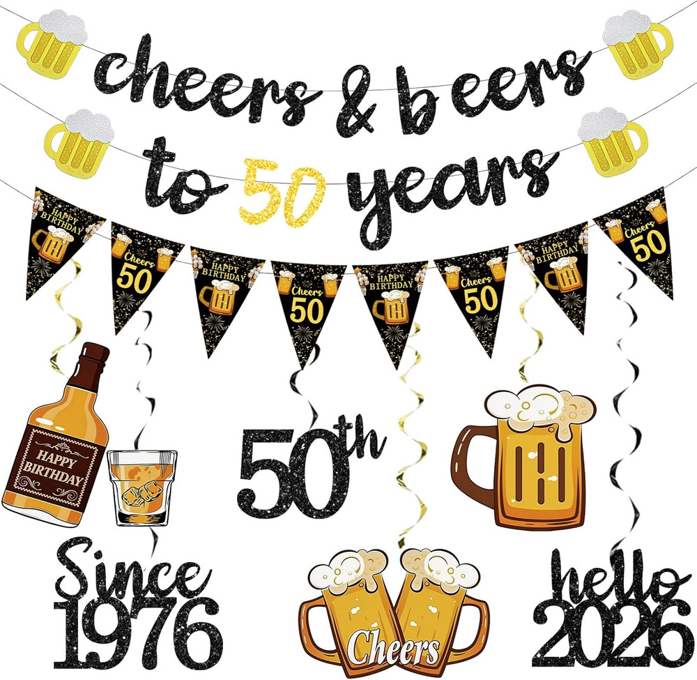 Black Gold 50Th Birthday Decorations for Him Men, Happy 50Th Birthday Supplies C