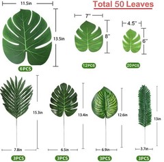 LOMIRO 50 Pieces 7 Kinds Artificial Tropical Leaf Jungle Leaves 50pcs Green