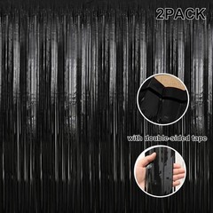 2 Pack 3.28 ft x 6.56 ft Black Tinsel Curtain Party Backdrop Decorations,
