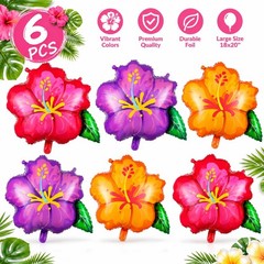 6PCS Hibiscus Flower Balloons- Aloha Balloons, Large Pink Purple Yellow Flowe…