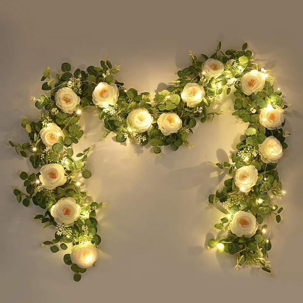 2Pcs 13Ft Artificial Eucalyptus Garlands with Flowers, Faux Floral Greenery