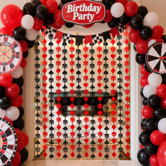 Casino Theme Party Decorations, 2 Pack 3.3X6.6 Ft Red and Black Tinsel Foil Frin