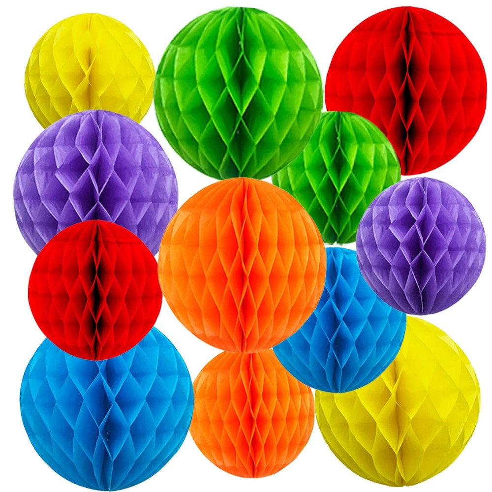 12 PCS Rainbow Honeycomb Balls Hanging Tissue Pom Poms MultiColor 6 & 10 Inch