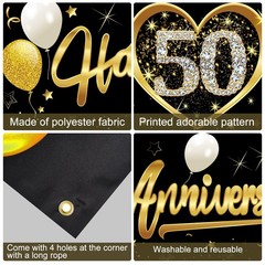 Happy 50th Wedding Anniversary Banner Decorations, Black Gold 50th Anniversar…