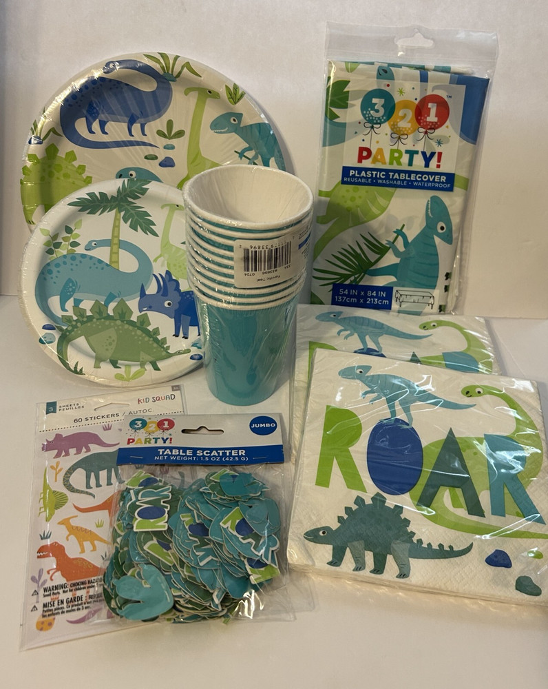 Dinosaur Birthday Party Supplies, plates, napkins, table cover, cups, stickers