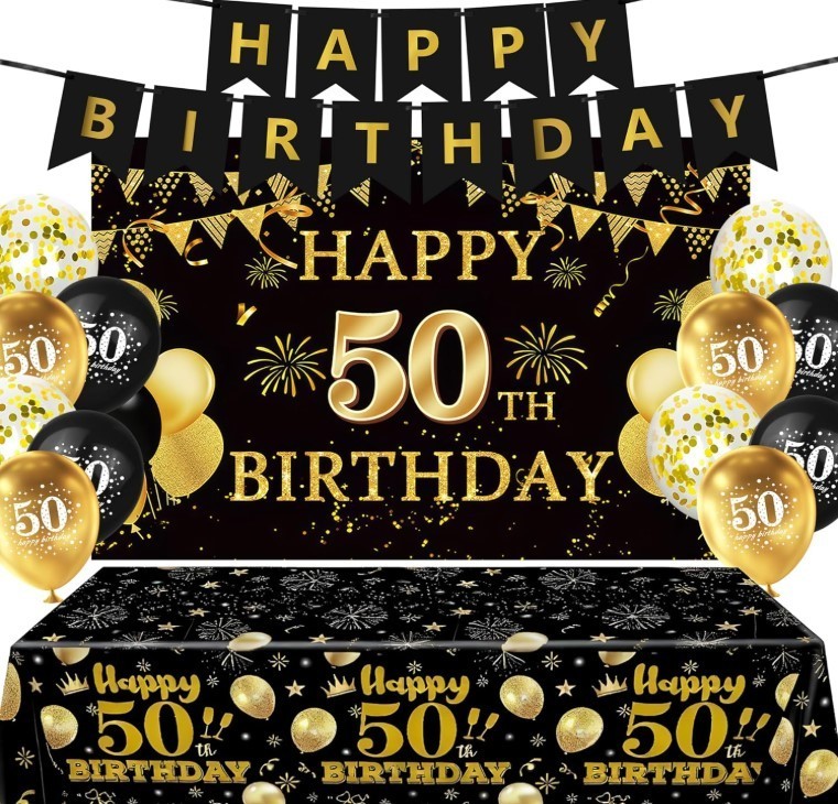 15 PCS Black Gold 50Th Birthday Party Decorations 50Th Happy Birthday Banner Bac