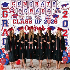 Elegant Red & Blue 2026 Graduation Decor: Banners, Balloons, and Backdrops