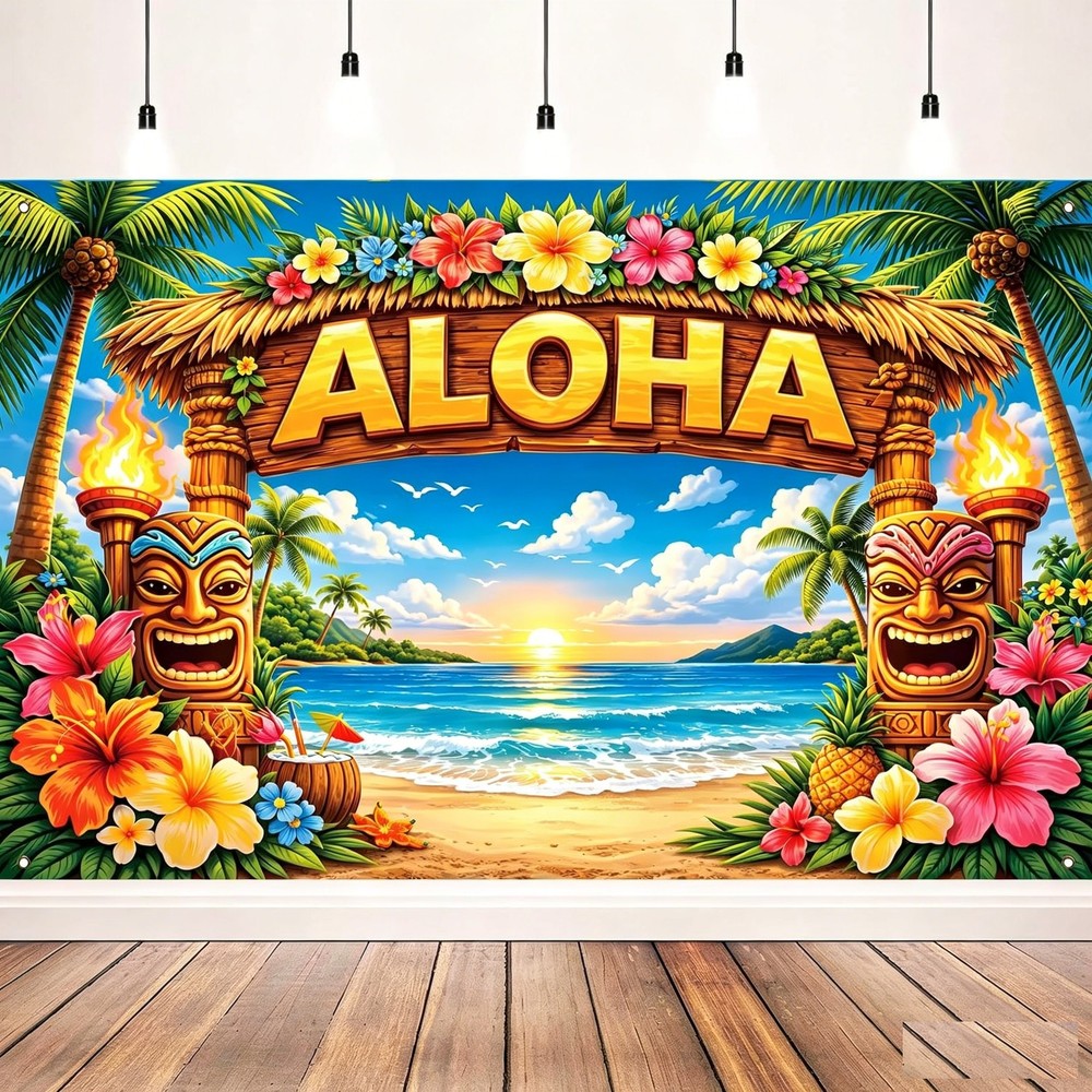 Aloha Beach Tropical Hawaiian Flowers Backdrop Party Photo Background Banner