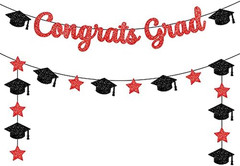 Graduation Decorations 2026 | Glitter Congrats Grad Banner Red and Black – 10 Fe