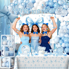 cocomigo 288 PCS Blue Bow Birthday Decorations, Hassle-Free One-Stop Set for 25