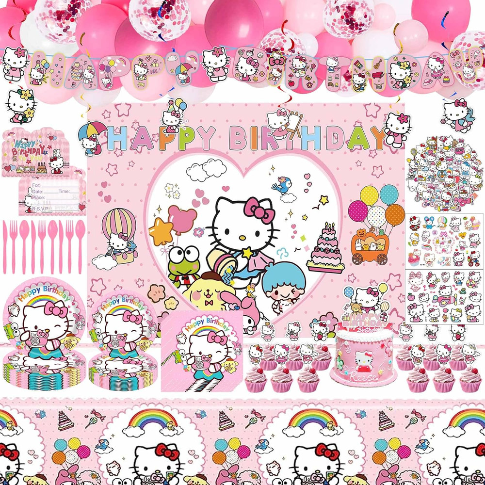 Cute Birthday Party Decorations Set – Pink Cartoon Theme Party Supplies Includes