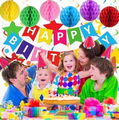 Colorful Birthday Decorations, Happy Birthday Banner with Honeycomb Balls, St…