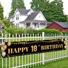 Tzss Large Happy 18Th Birthday Decoration Banner Black And Gold Happy 18Th