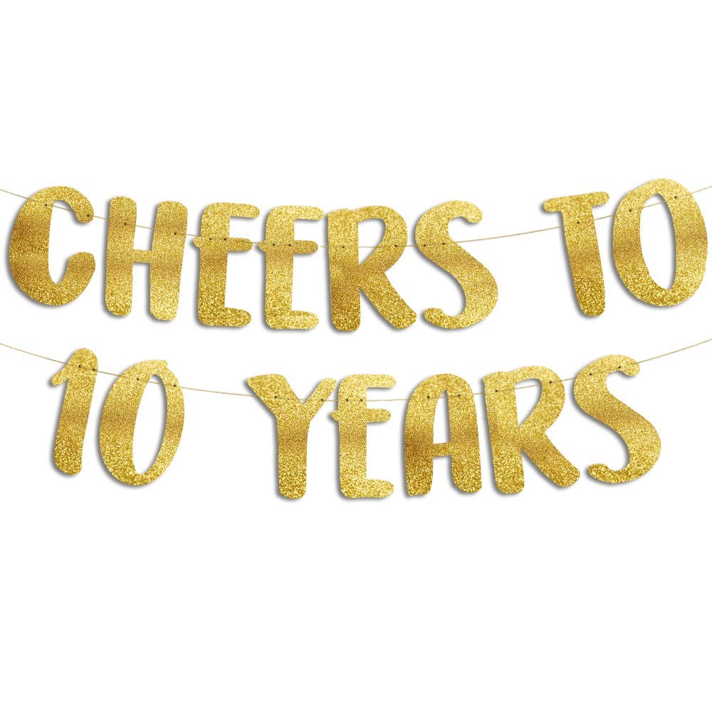 Pre-Strung Cheers to 10 Years Gold Glitter Banner – 10th Birthday and Anniver…