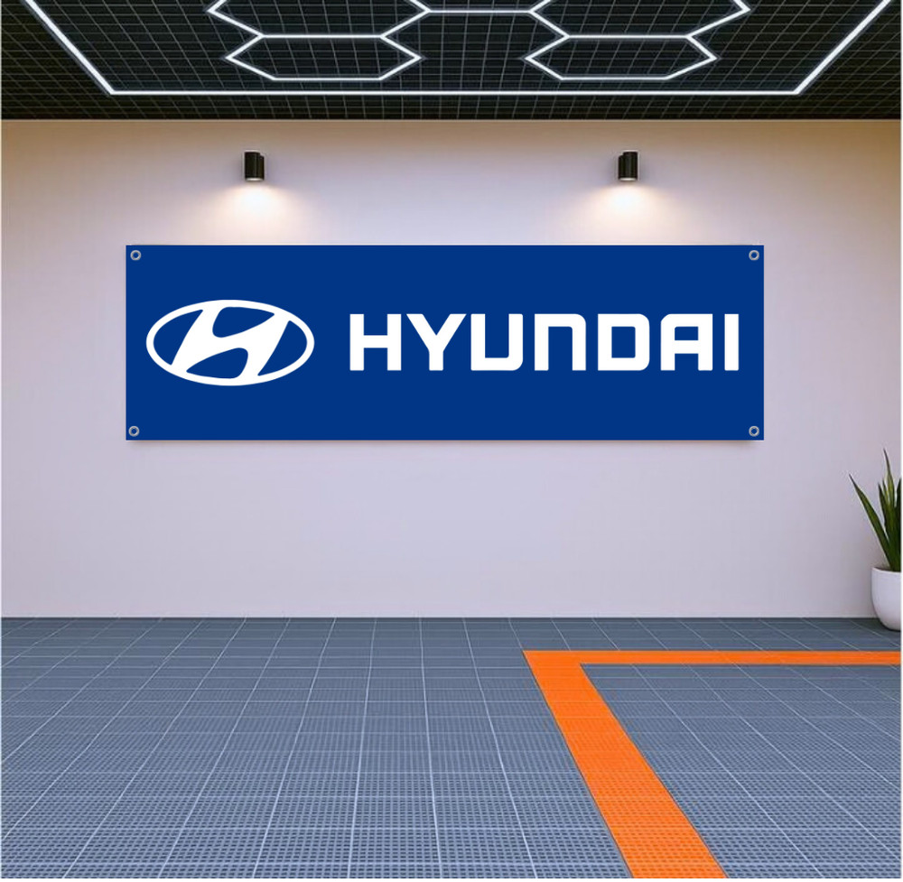Hyundai Racing Flag Banner 71×24 in Garage Wall Decor Motorsport Fan Gift