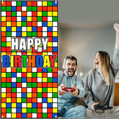 Colorful Cube Birthday Party Backdrop Banner Puzzle Game Themed Door Cover Color