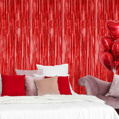 2 Pack Red Tinsel Backdrop, 3.28 FT X 7.05 FT Fringe Curtains, Red Foil Tinsel P