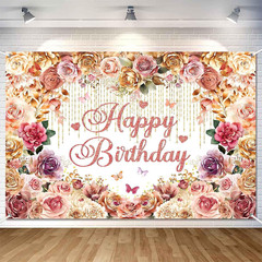 Rose Flower Happy Birthday Backdrop Banner Rose Gold Pink Flowery Birthday Pa…