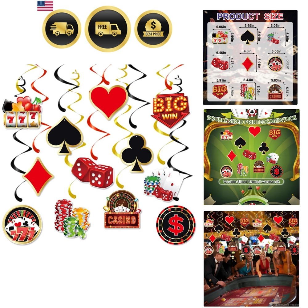 Eye-Catching Casino Theme Swirls – 12 Double-Sided Hanging Ornaments