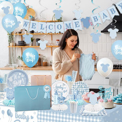 Blue Baby Shower Decorations Boy Blue Gingham Welcome Baby and Body Cloth Banner