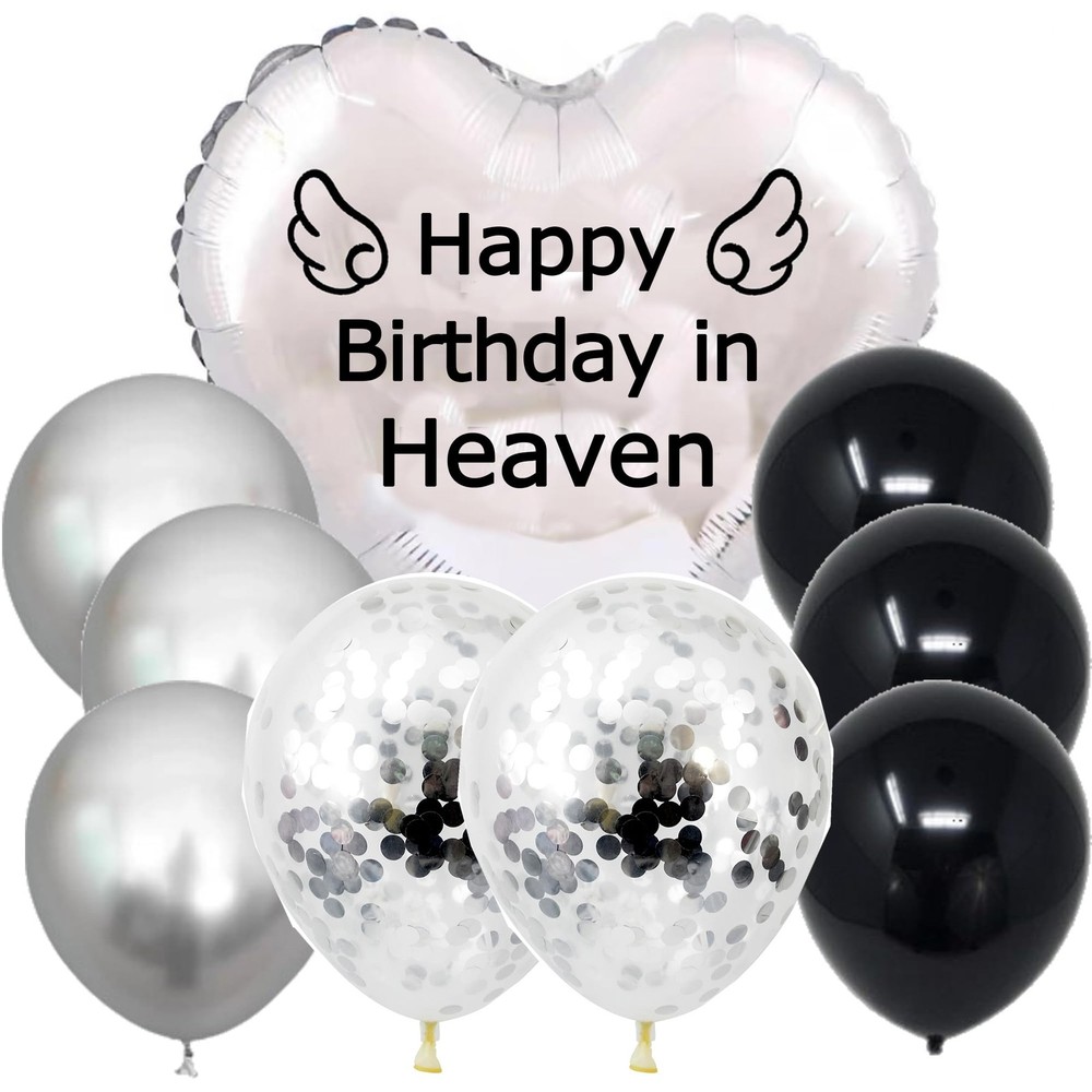 Nine Happy Birthday in Heaven Balloons with String, Silver Balloon Heart-Shap…