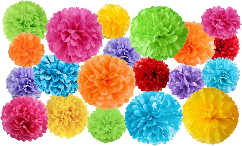 20Pcs Colorful Paper Pom Poms Set for Party Decor (Mixed Size 8/10/12 Inch)